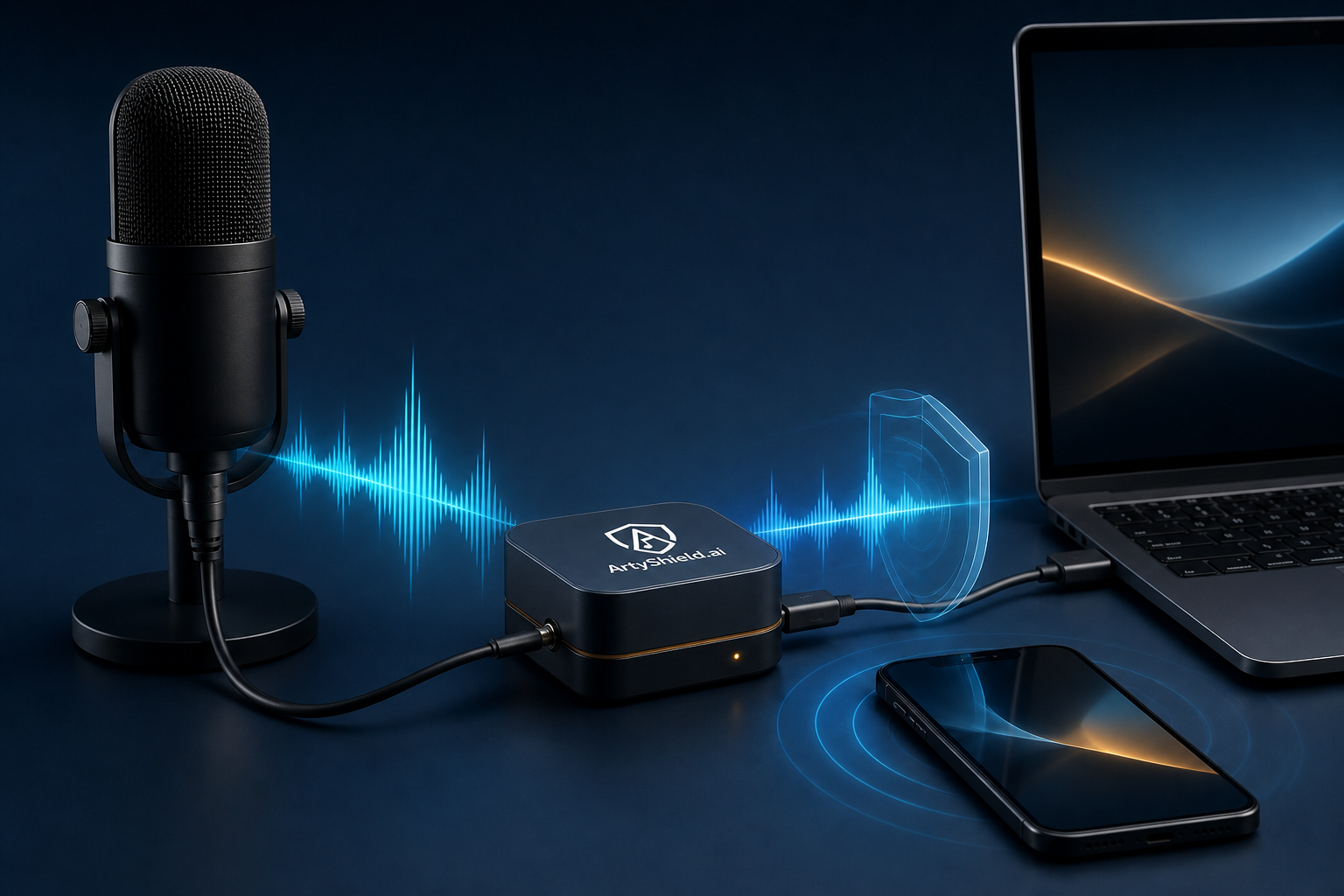 Concept visualization of a compact VoiceShield device connecting a microphone to a laptop, alongside smartphone protection